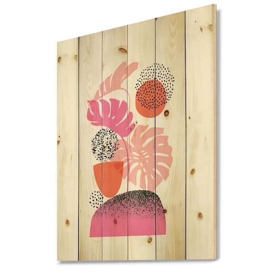 Designart - Geometric Moon & Sun Shapes With Tropical Leaves - Modern Print on Natural Pine Wood
